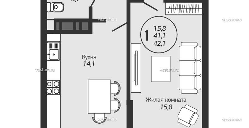 1-комнатная квартира 41.5 м² в ЖК "Премьера"1/10