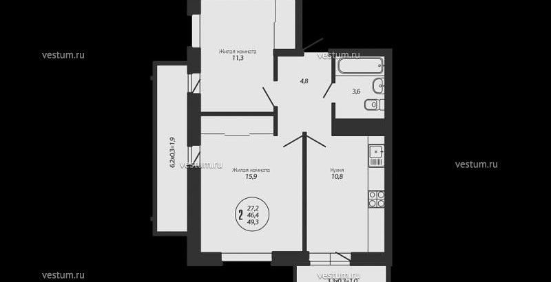 2-комнатная квартира 49 м²