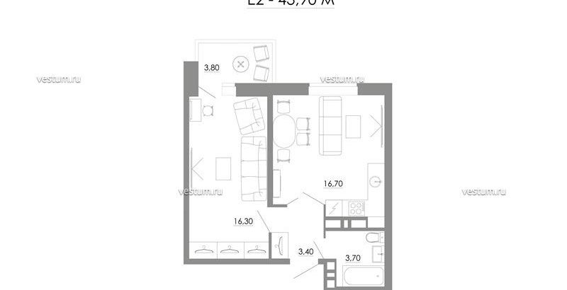 2-комнатная квартира 43.9 м²1/4