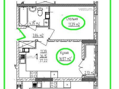 1-комнатная квартира 37.22 м²