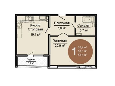 1-комнатная квартира 59 м² в МФК "Новосити", корпус "Башня"