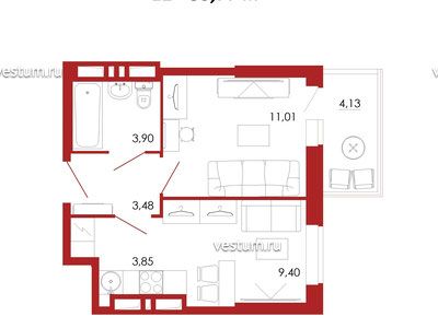 1-комнатная квартира 35.67 м² в ЖК "Маршал"