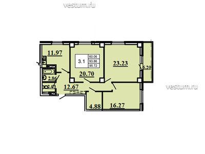 3-комнатная квартира 96.52 м²