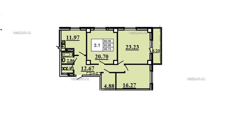 3-комнатная квартира 96.52 м²1/3