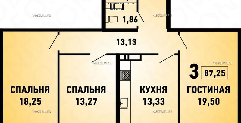 3-комнатная квартира 87 м² в ЖК "Губернский", литер 61/12