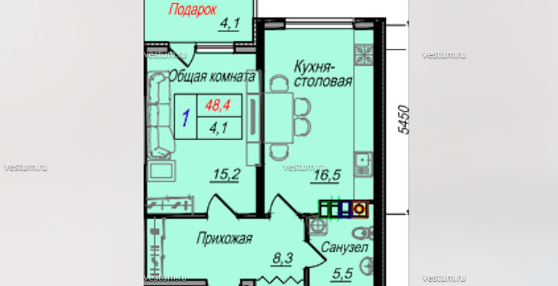 1-комнатная квартира 48.4 м²