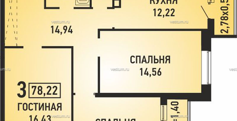 3-комнатная квартира 78.22 м² в ЖК "Губернский", литер 151/9