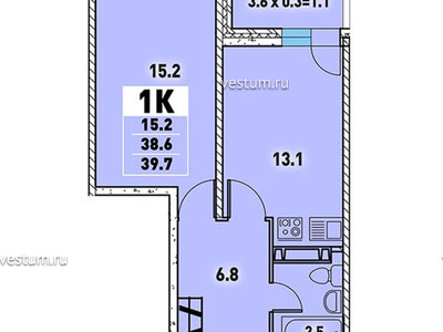 1-комнатная квартира 39.7 м²