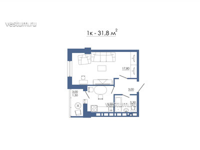 1-комнатная квартира 33 м²