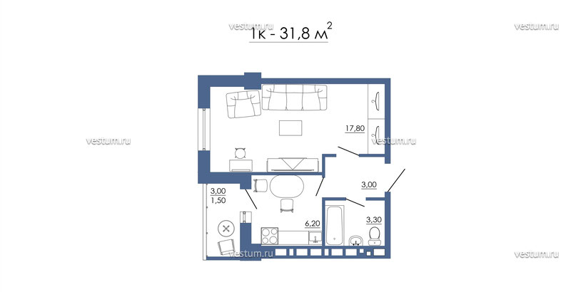 1-комнатная квартира 33 м²