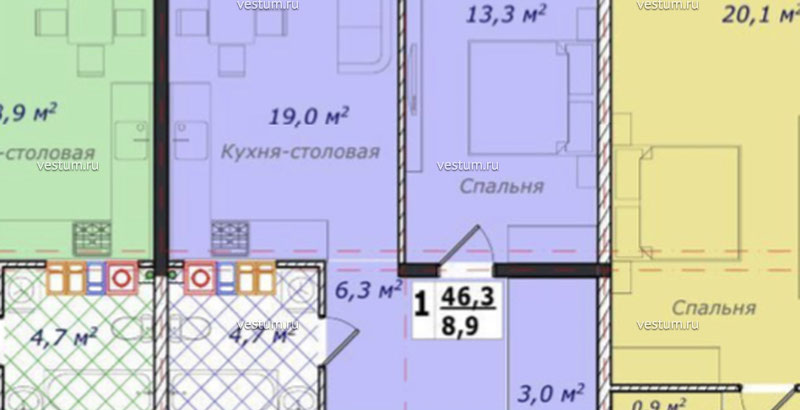 1-комнатная квартира 62.5 м² в ЖК "Лазурный-2"1/8