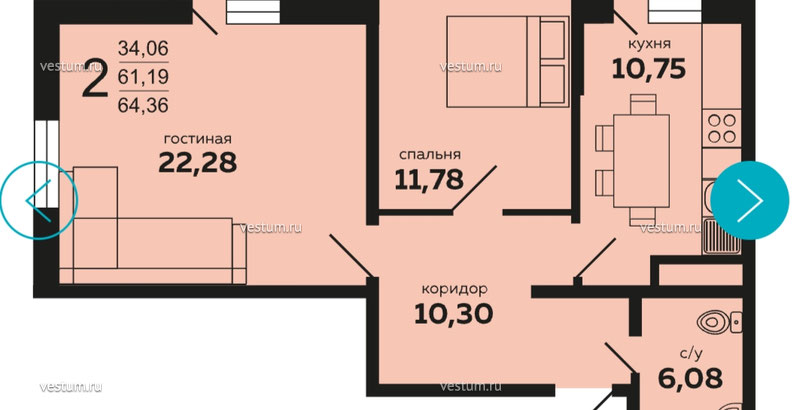 2-комнатная квартира 64.36 м² в ЖК "Кутузовский", очередь 11/10