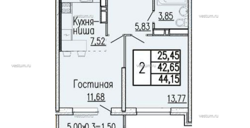 1-комнатная квартира 44.15 м²1/20