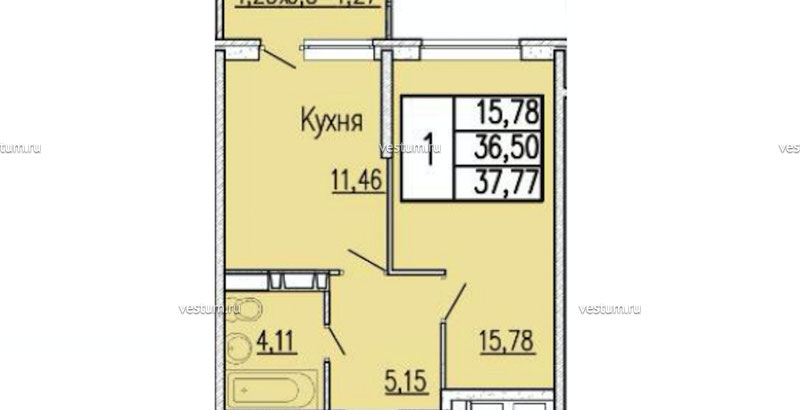 1-комнатная квартира 37.77 м²1/20