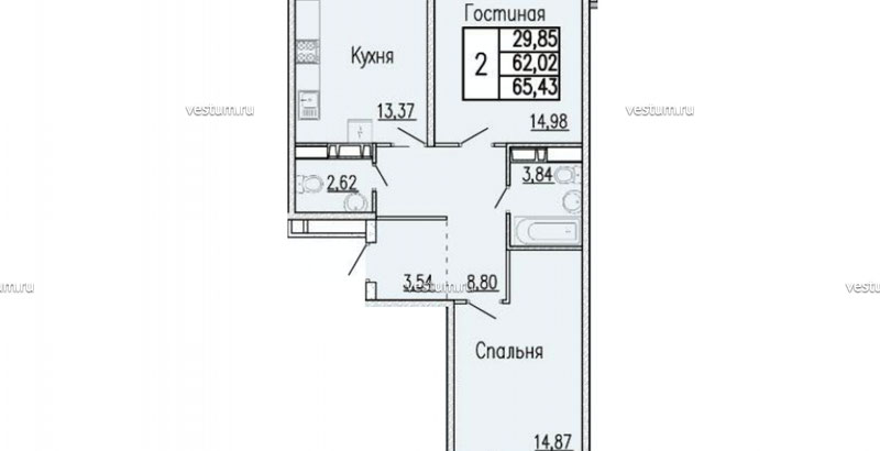 2-комнатная квартира 65.43 м²1/20