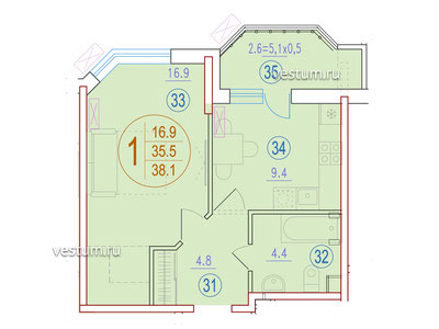 1-комнатная квартира 38 м² в ЖК "Перспектива", литер 2.5