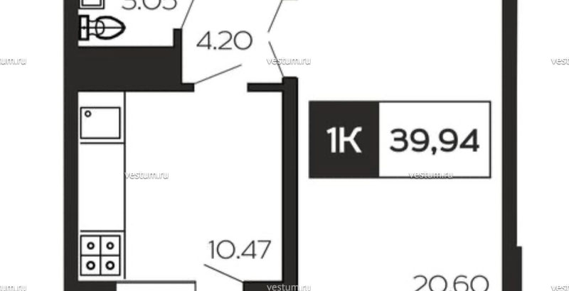 1-комнатная квартира 39.94 м² в ЖК "Министерские озёра", Фруктовый Квартал, литер 261/11