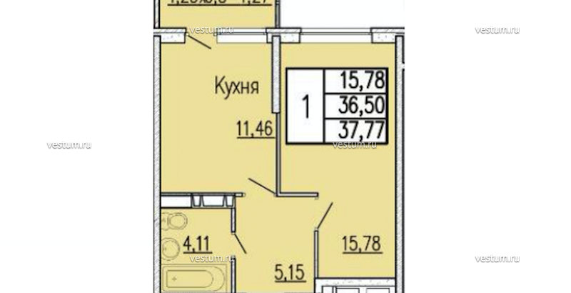 1-комнатная квартира 37.77 м²1/19