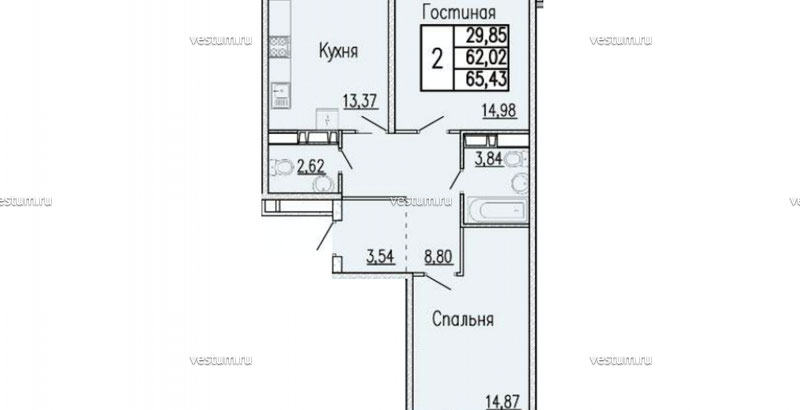 2-комнатная квартира 65.43 м²1/19