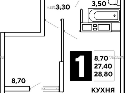 1-комнатная квартира 28.8 м² в ЖК "Самолет"