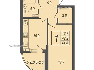 1-комнатная квартира 45 м² в ЖК "Дружный"