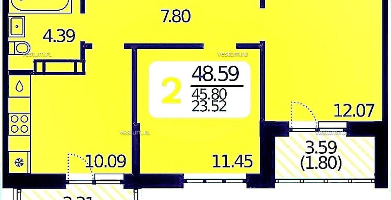 2-комнатная квартира 48.6 м² в ЖК "Светлоград", литер 81/9