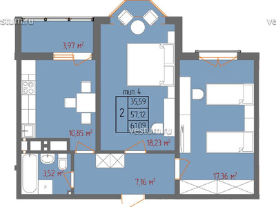 2-комнатная квартира 60.96 м² в ЖК "Южный квартал"