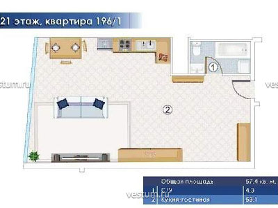 1-комнатная квартира 57.4 м²
