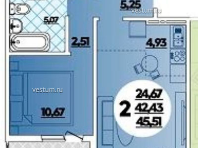 2-комнатная квартира 45.51 м² в ЖК "Алексино", литер 5