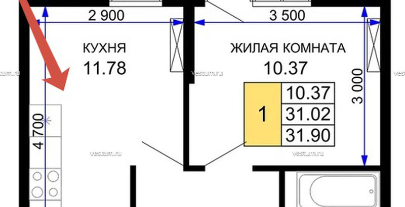 1-комнатная квартира 32 м²1/3